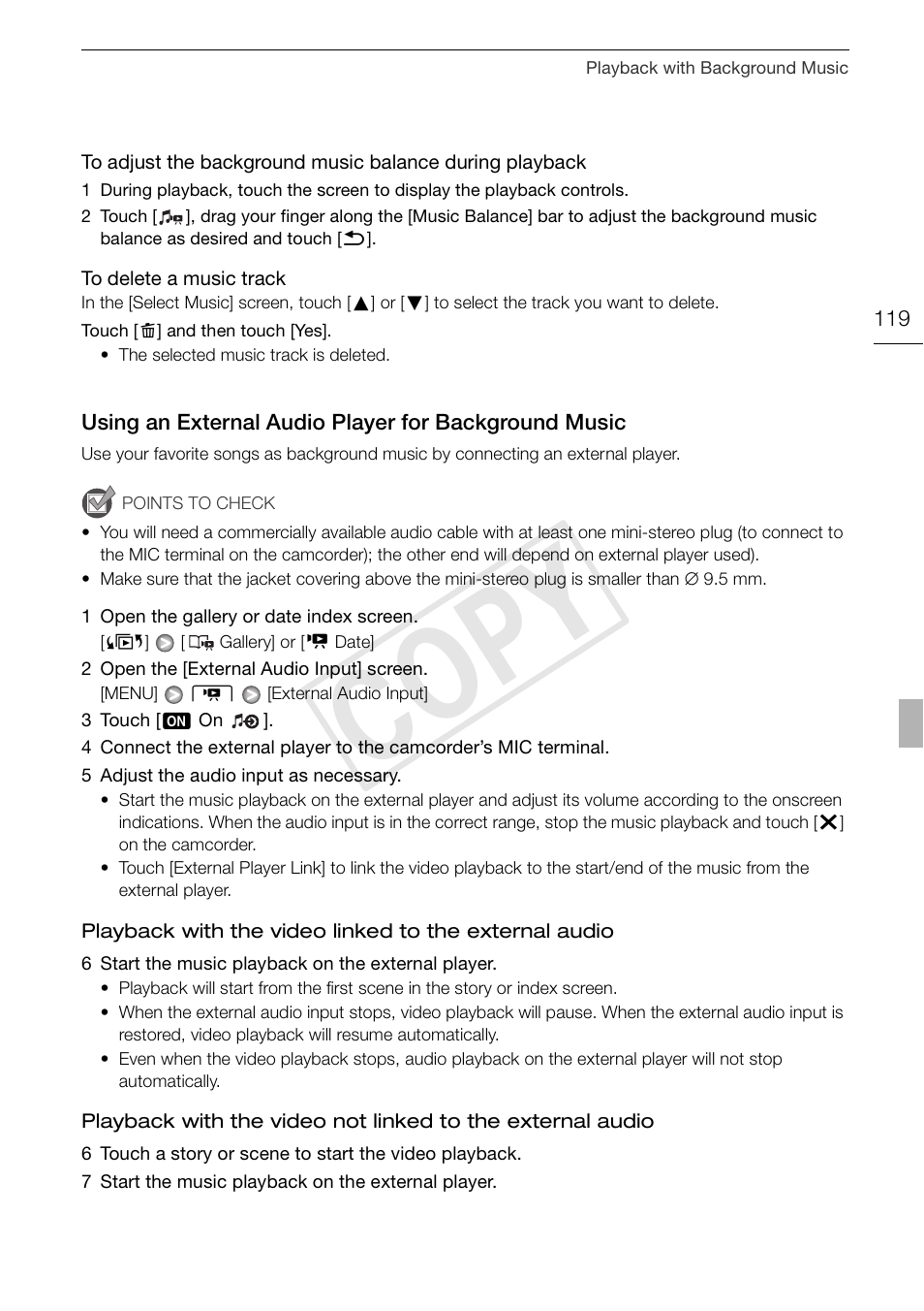 Using an external audio player for, Background music 119, Cop y | Canon XA10 User Manual | Page 119 / 191