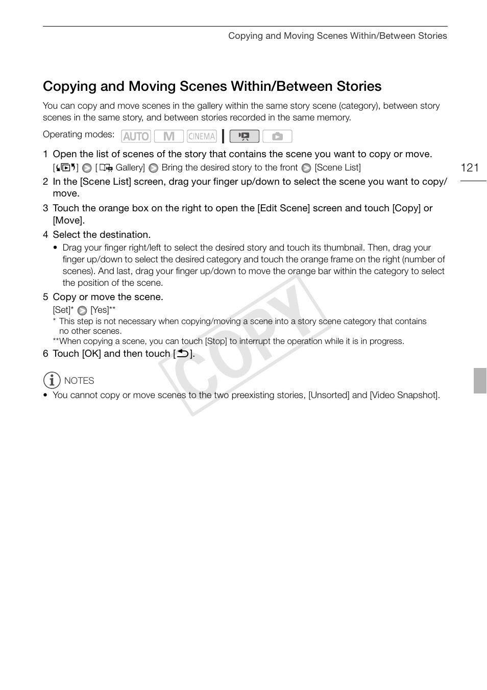 Copying and moving scenes within, Between stories 121, Cop y | Canon XA10 User Manual | Page 121 / 191