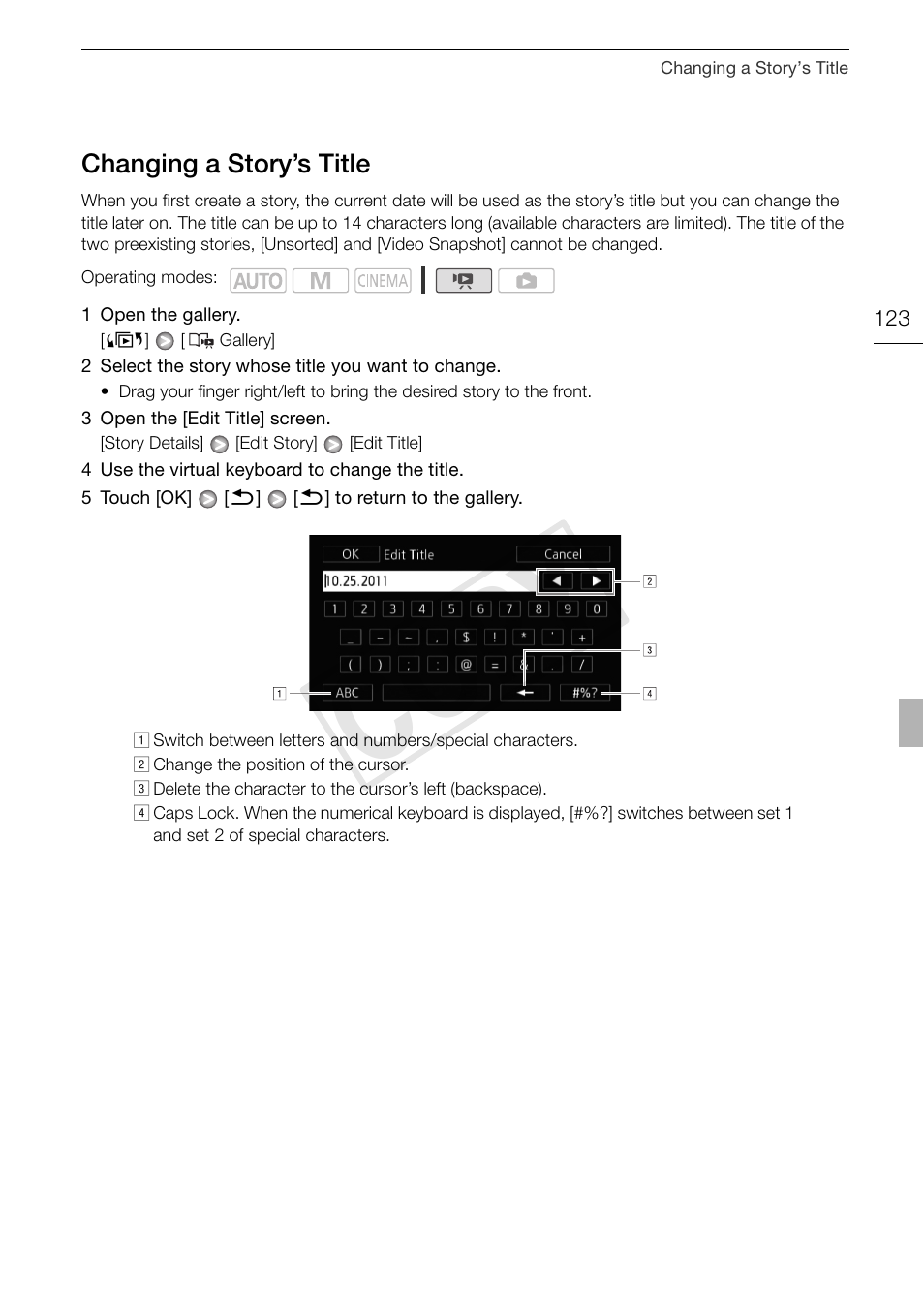 Changing a story’s title 123, Cop y | Canon XA10 User Manual | Page 123 / 191