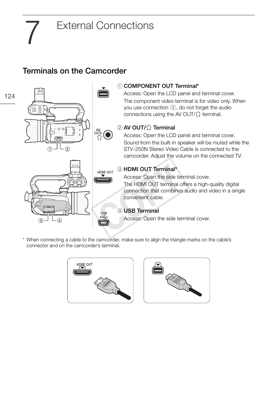 7 external connections 124, Terminals on the camcorder 124, Cop y | External connections | Canon XA10 User Manual | Page 124 / 191