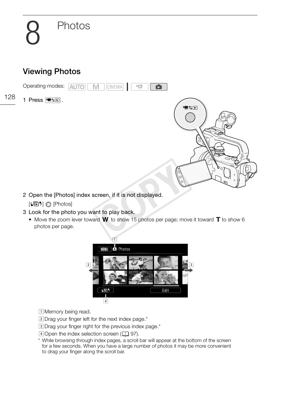 8 photos 128, Viewing photos 128, Cop y | Photos | Canon XA10 User Manual | Page 128 / 191