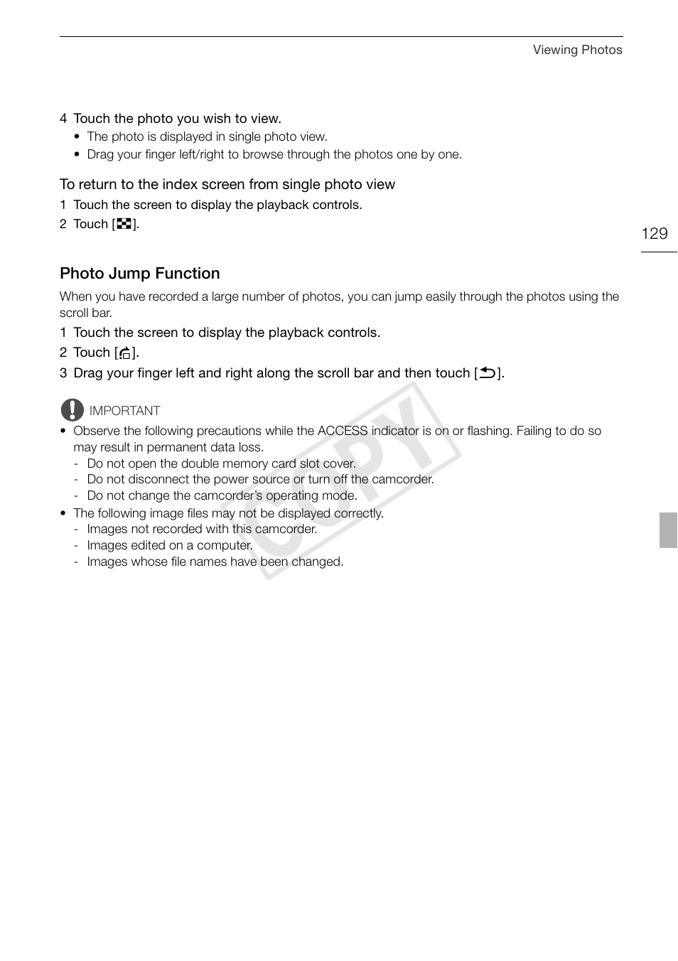 Photo jump function 129, Cop y | Canon XA10 User Manual | Page 129 / 191