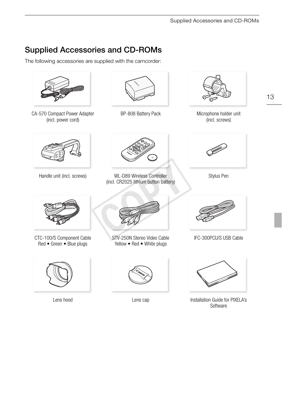 Supplied accessories and cd-roms 13, Cop y | Canon XA10 User Manual | Page 13 / 191