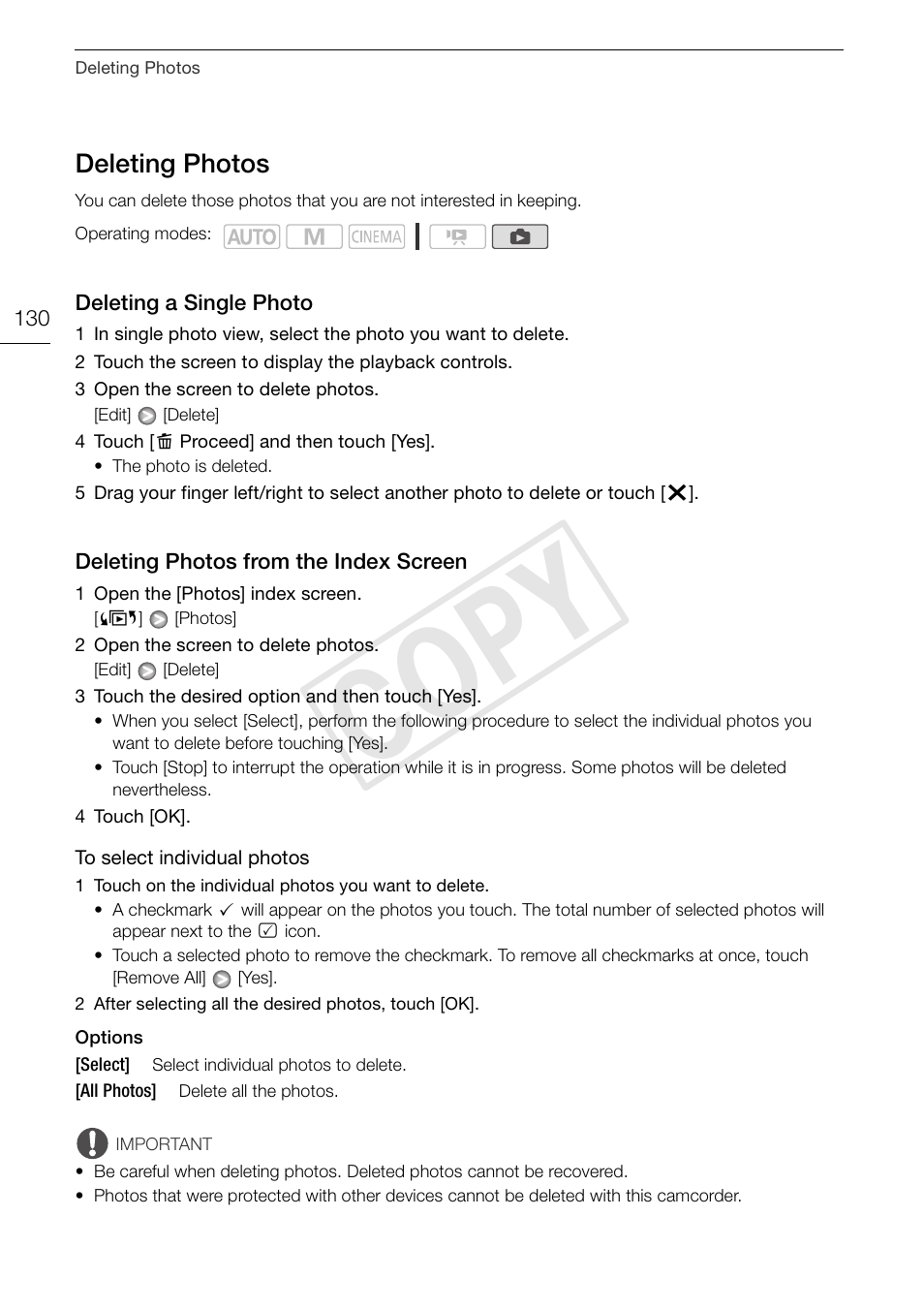 Deleting photos 130, Screen 130, Cop y | Deleting photos | Canon XA10 User Manual | Page 130 / 191