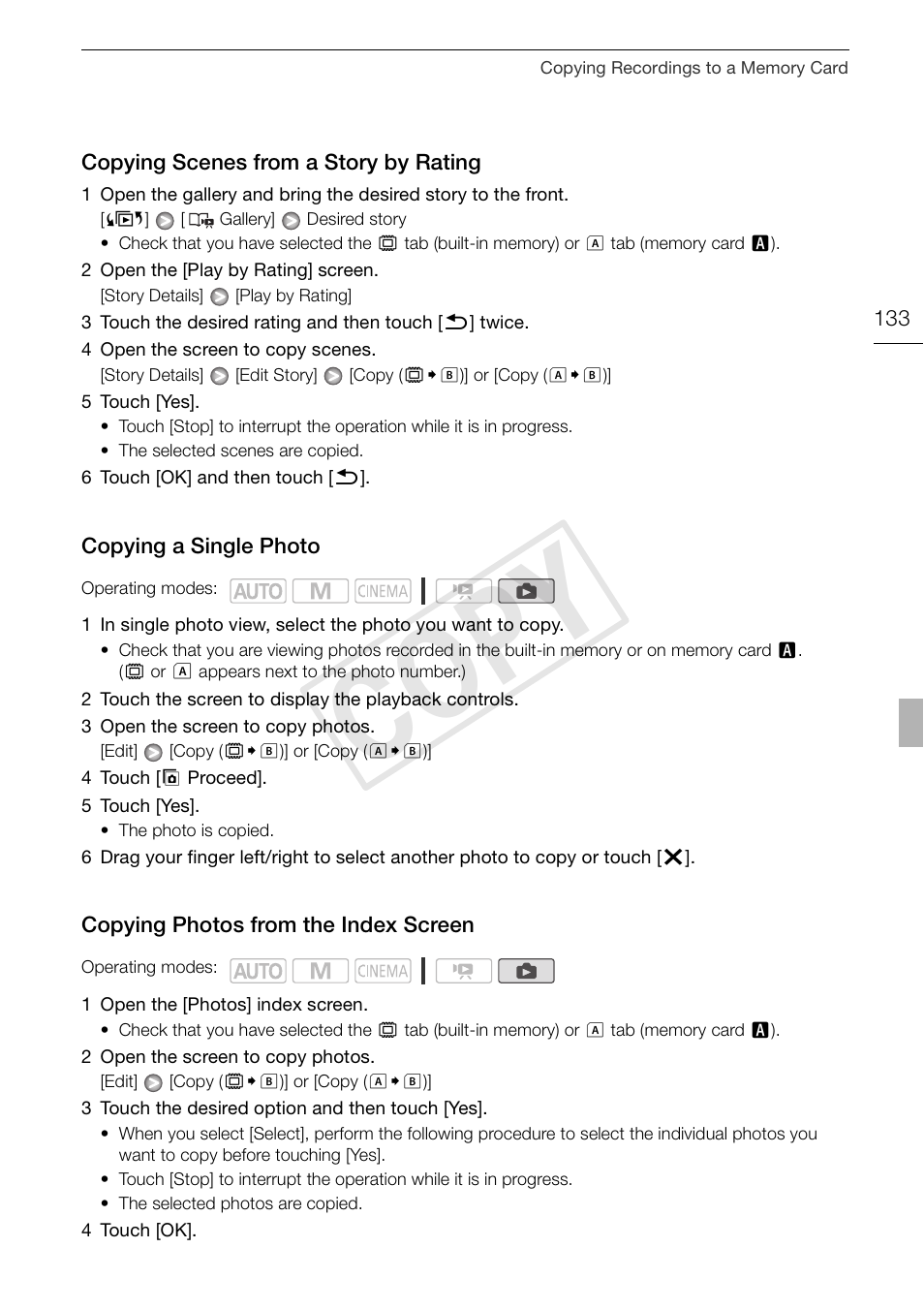 Copying scenes from a story by, Rating 133, Screen 133 | Cop y | Canon XA10 User Manual | Page 133 / 191
