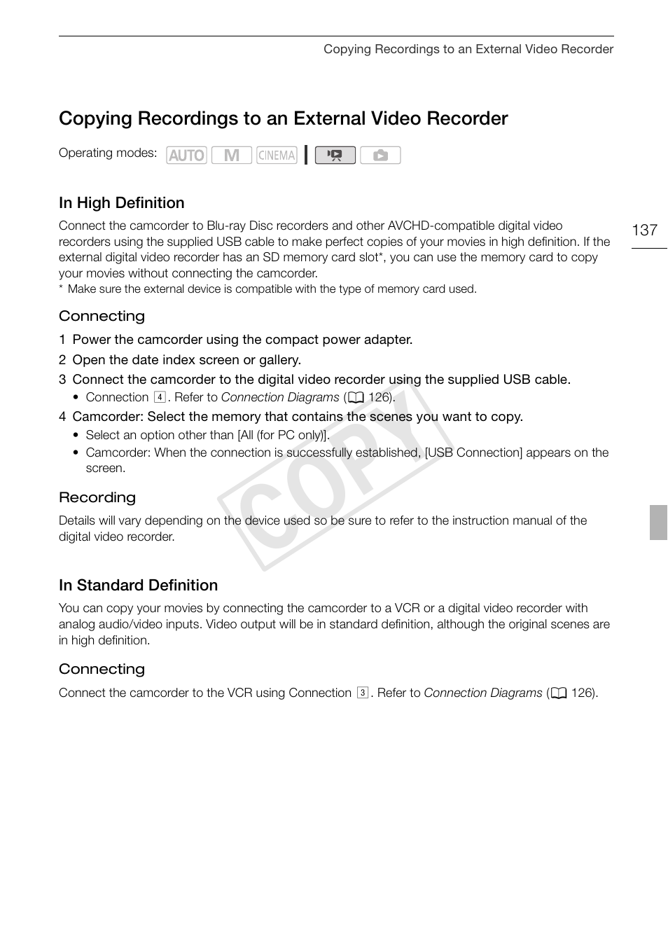 Copying recordings to an external video, Cop y | Canon XA10 User Manual | Page 137 / 191