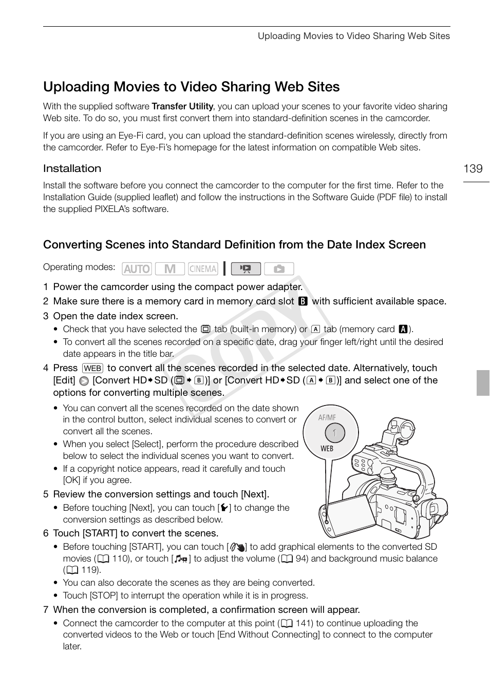 Uploading movies to video sharing web, Sites 139 converting scenes into standard, Definition from the date index screen 139 | Cop y, Uploading movies to video sharing web sites | Canon XA10 User Manual | Page 139 / 191