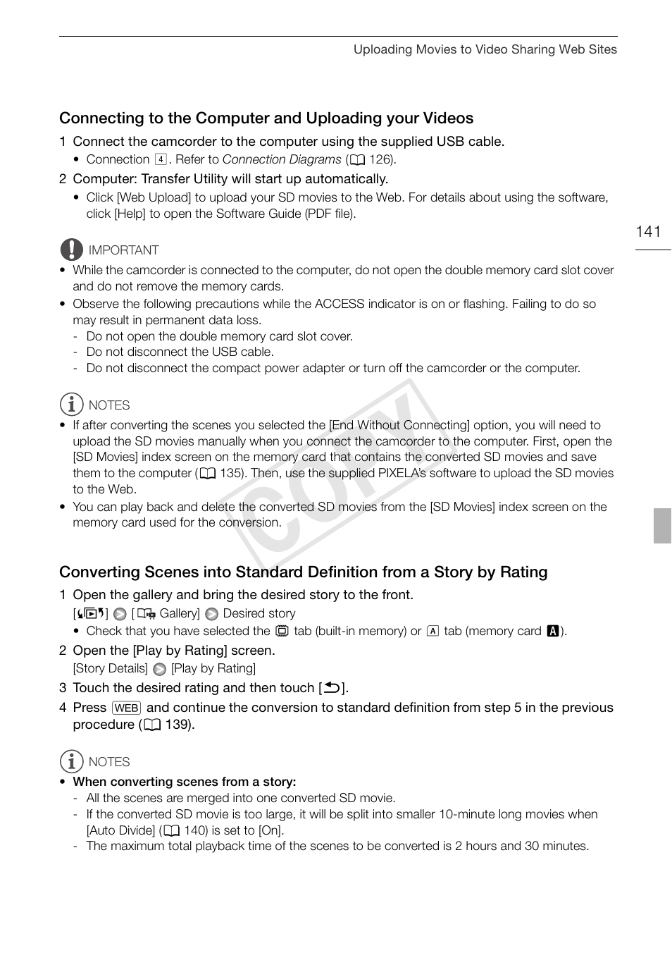 Connecting to the computer and, Uploading your videos 141, Converting scenes into standard | Definition from a story by rating 141, 141) t, Cop y | Canon XA10 User Manual | Page 141 / 191