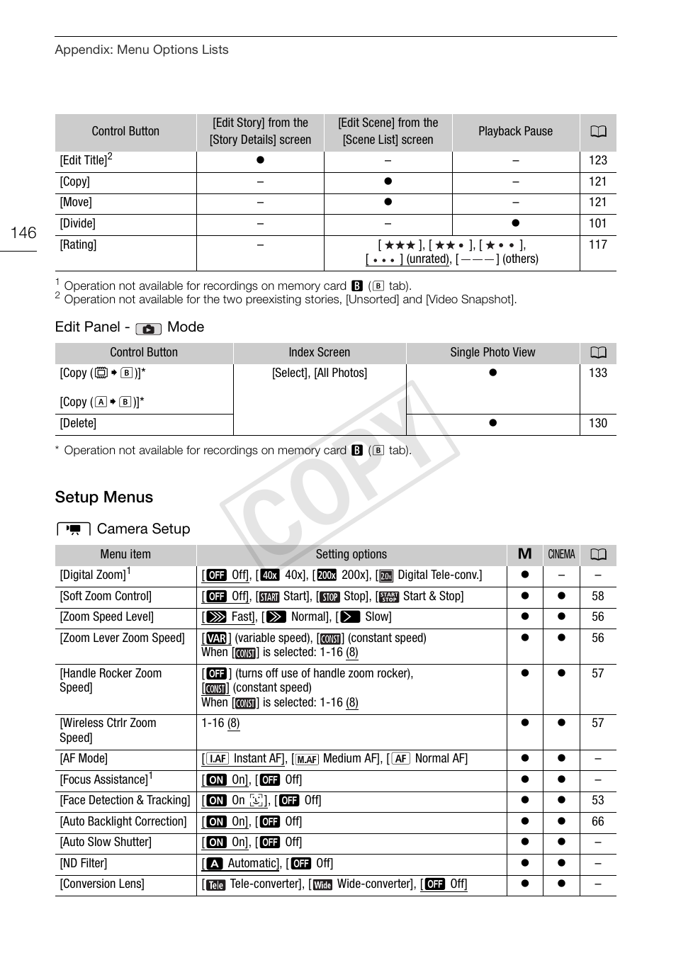 Setup menus 146, Cop y, Setup menus | Canon XA10 User Manual | Page 146 / 191