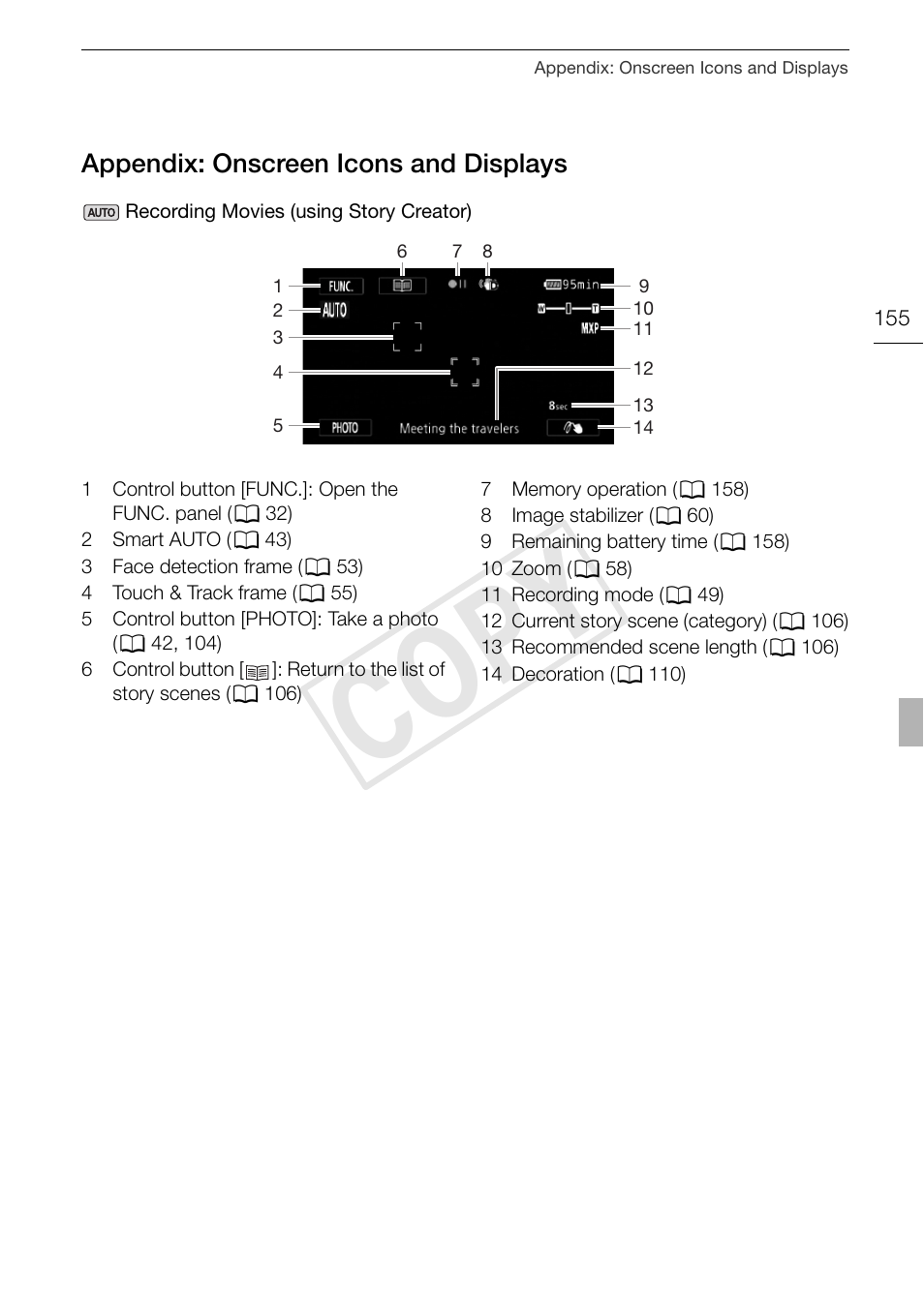 Appendix: onscreen icons and, Displays 155, Cop y | Appendix: onscreen icons and displays | Canon XA10 User Manual | Page 155 / 191