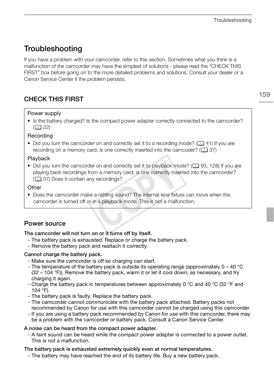 Troubleshooting 159, Cop y, Troubleshooting | Canon XA10 User Manual | Page 159 / 191