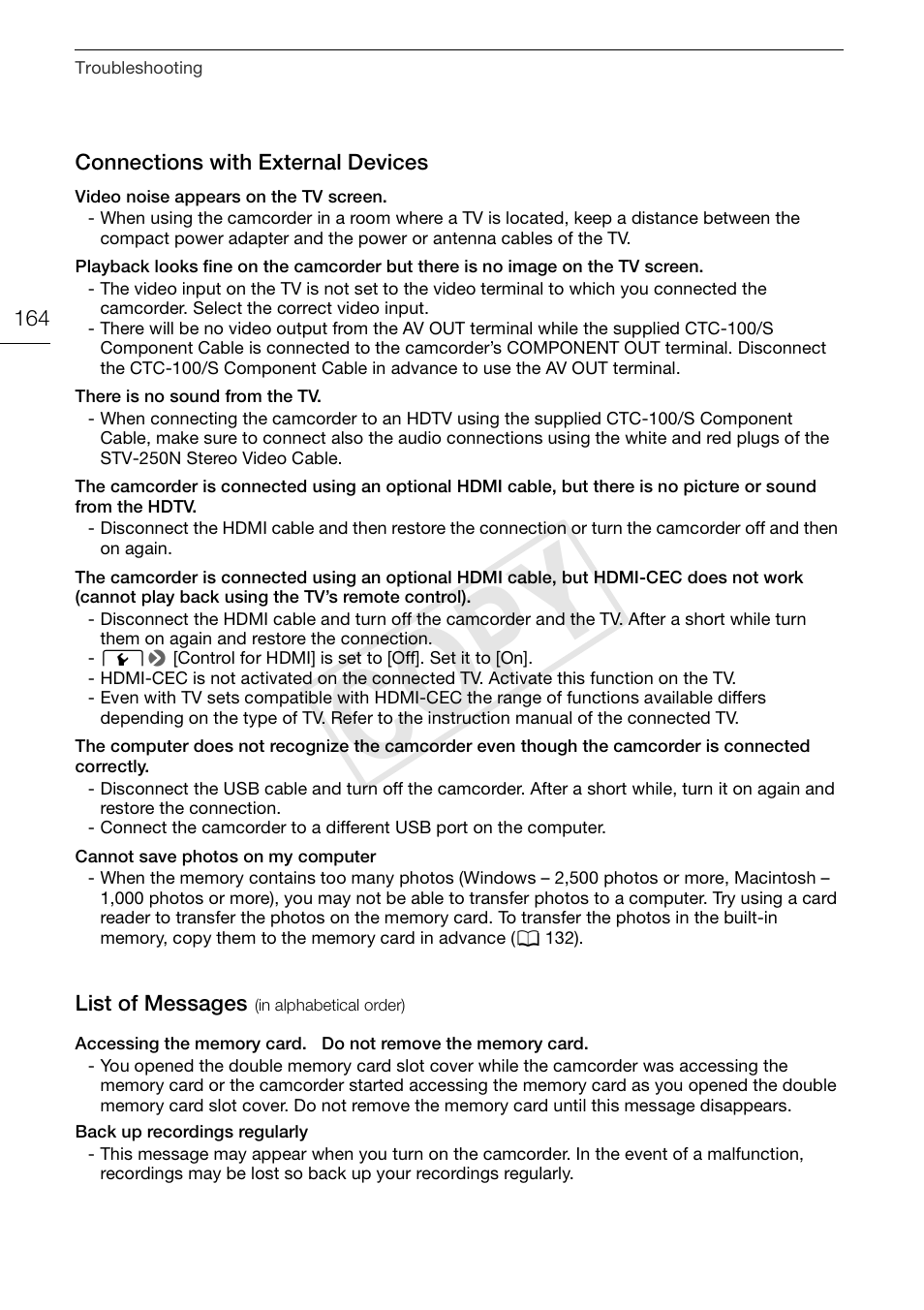 List of messages 164, Cop y | Canon XA10 User Manual | Page 164 / 191