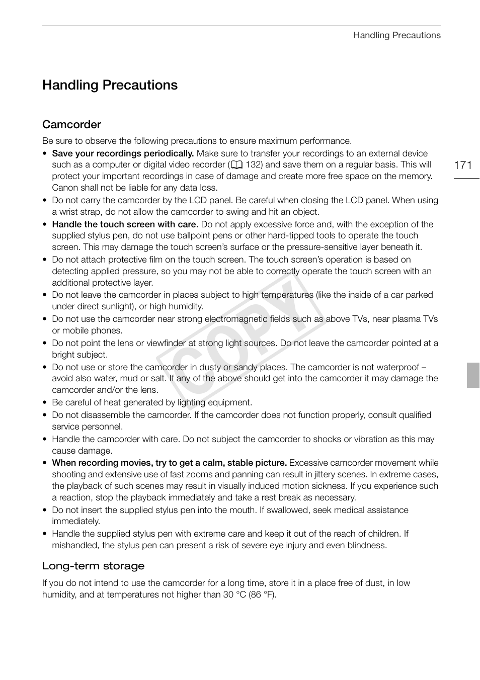 Handling precautions 171, Camcorder 171, Cop y | Handling precautions | Canon XA10 User Manual | Page 171 / 191