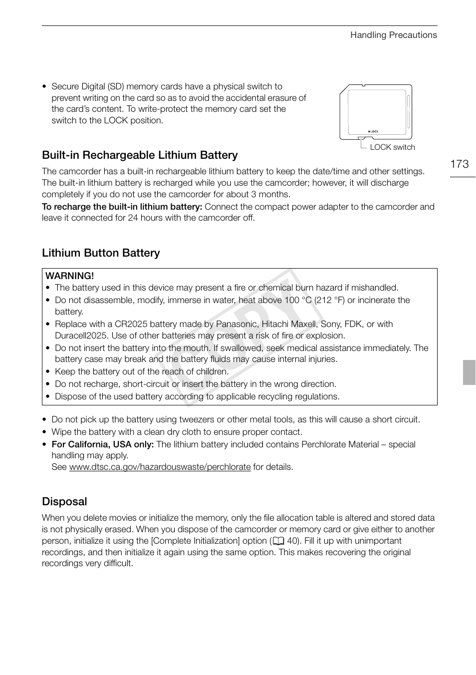 Built-in rechargeable lithium, Battery 173, Lithium button battery 173 disposal 173 | Cop y | Canon XA10 User Manual | Page 173 / 191