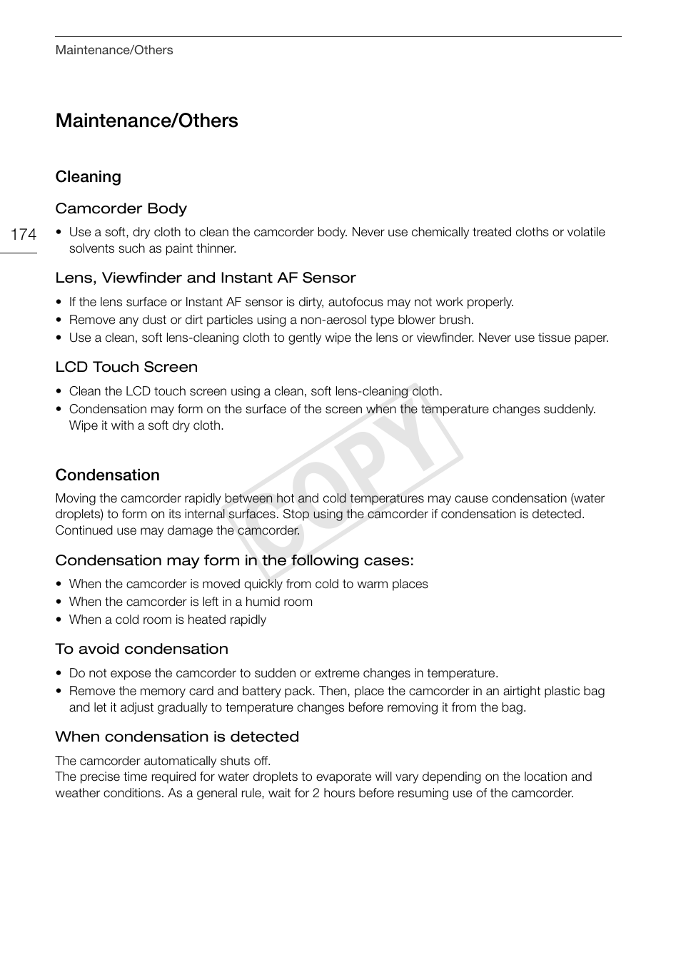 Maintenance/others 174, Cleaning 174 condensation 174, Cop y | Canon XA10 User Manual | Page 174 / 191