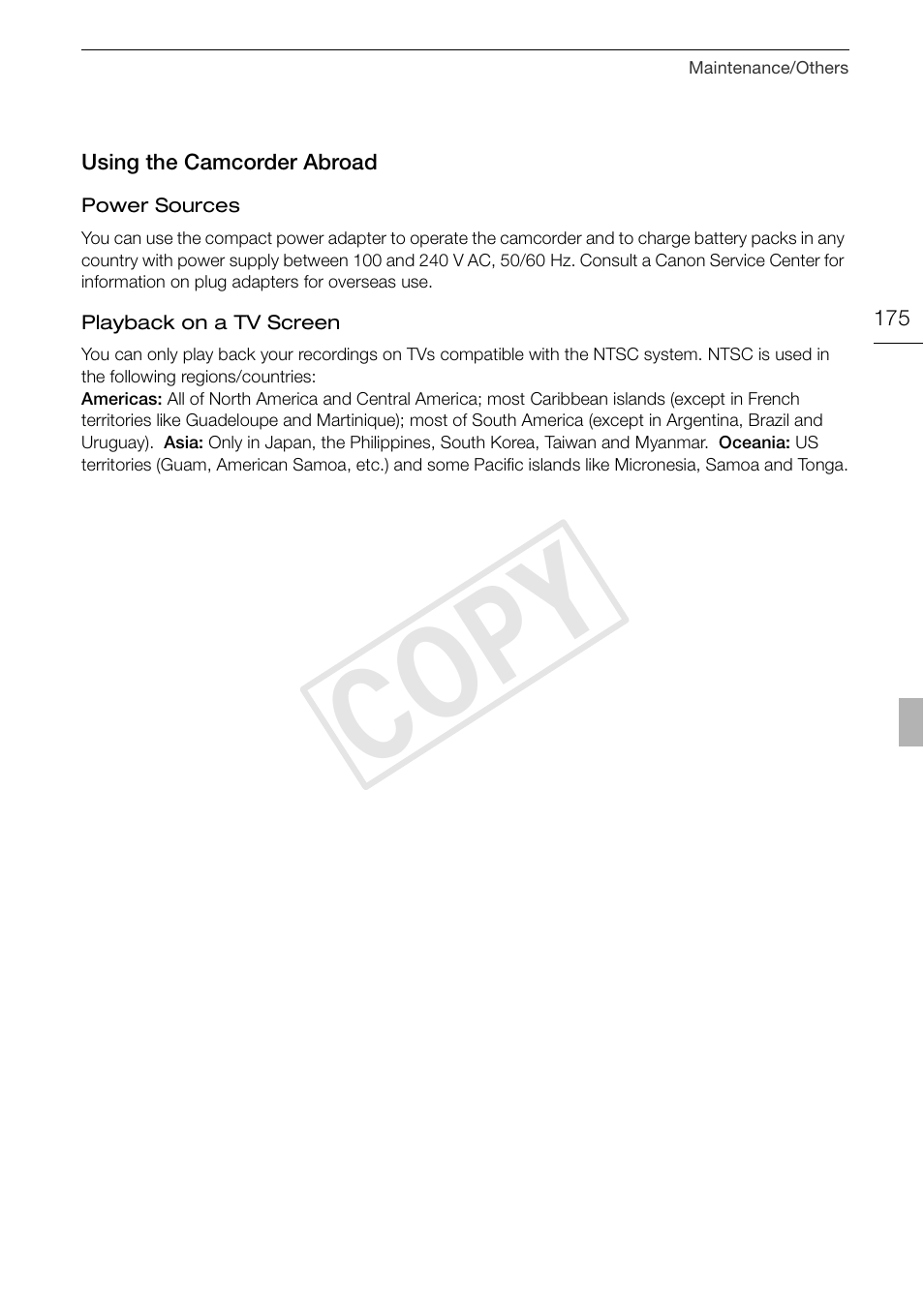 Using the camcorder abroad 175, Cop y | Canon XA10 User Manual | Page 175 / 191