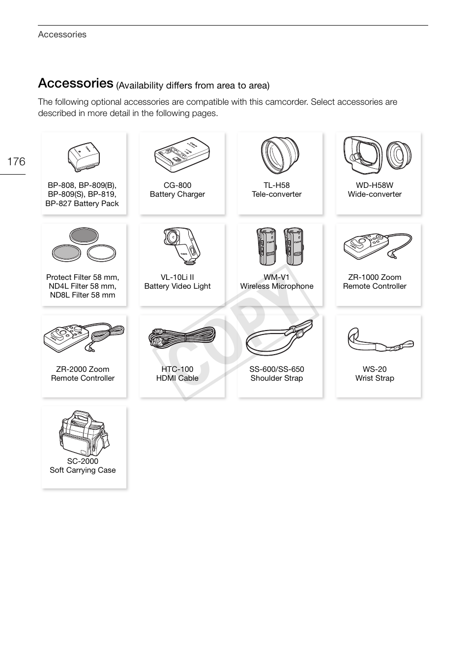 Accessories 176, Cop y, Accessories | Canon XA10 User Manual | Page 176 / 191