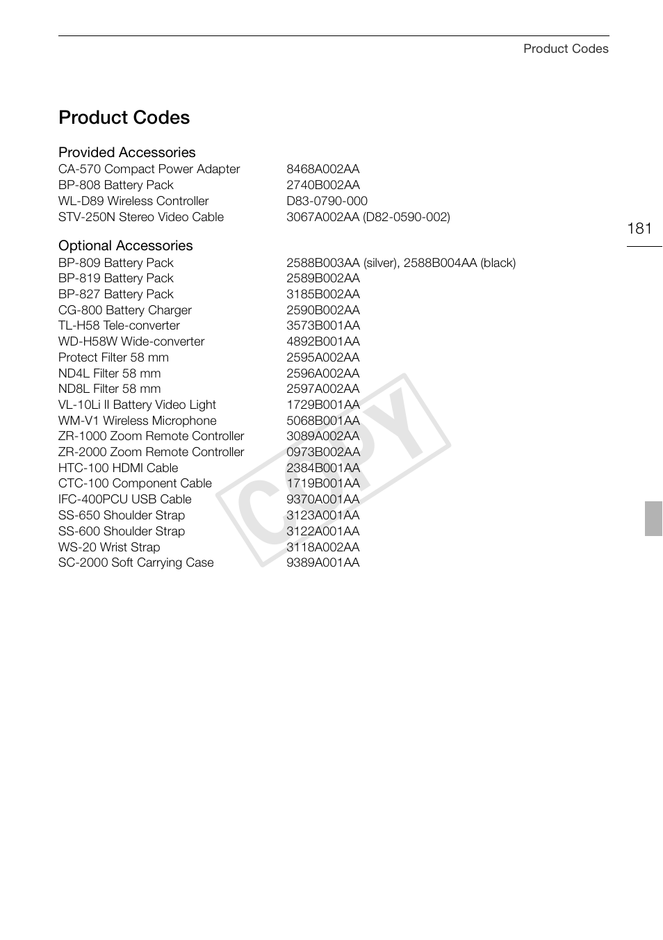 Product codes 181, Cop y, Product codes | Canon XA10 User Manual | Page 181 / 191
