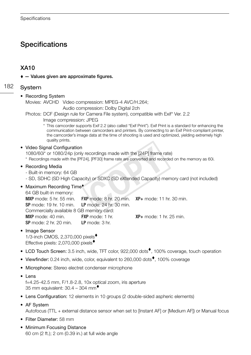 Specifications 182, Cop y, Specifications | Canon XA10 User Manual | Page 182 / 191