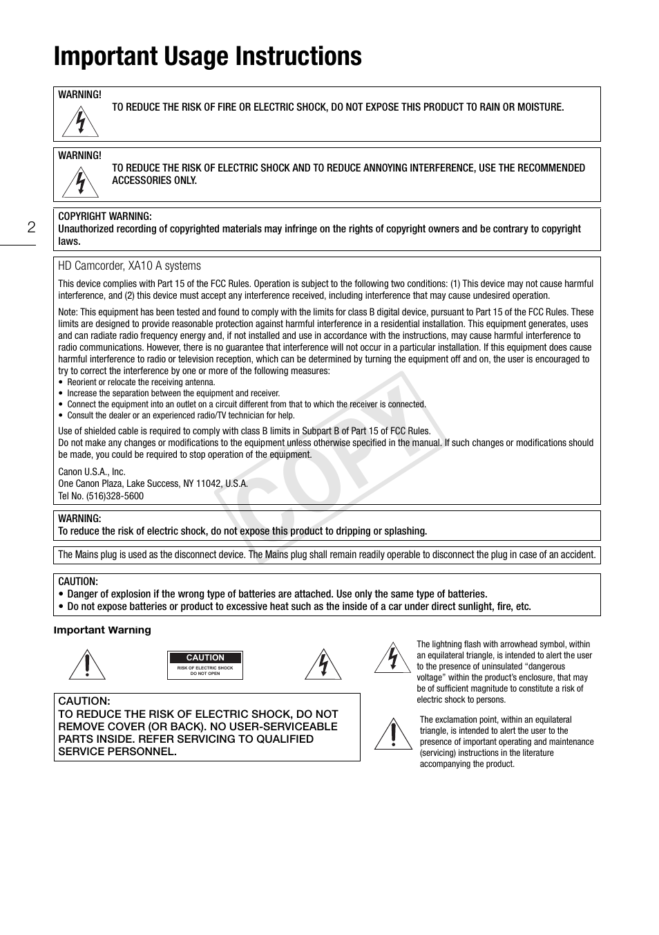 Cop y, Important usage instructions | Canon XA10 User Manual | Page 2 / 191