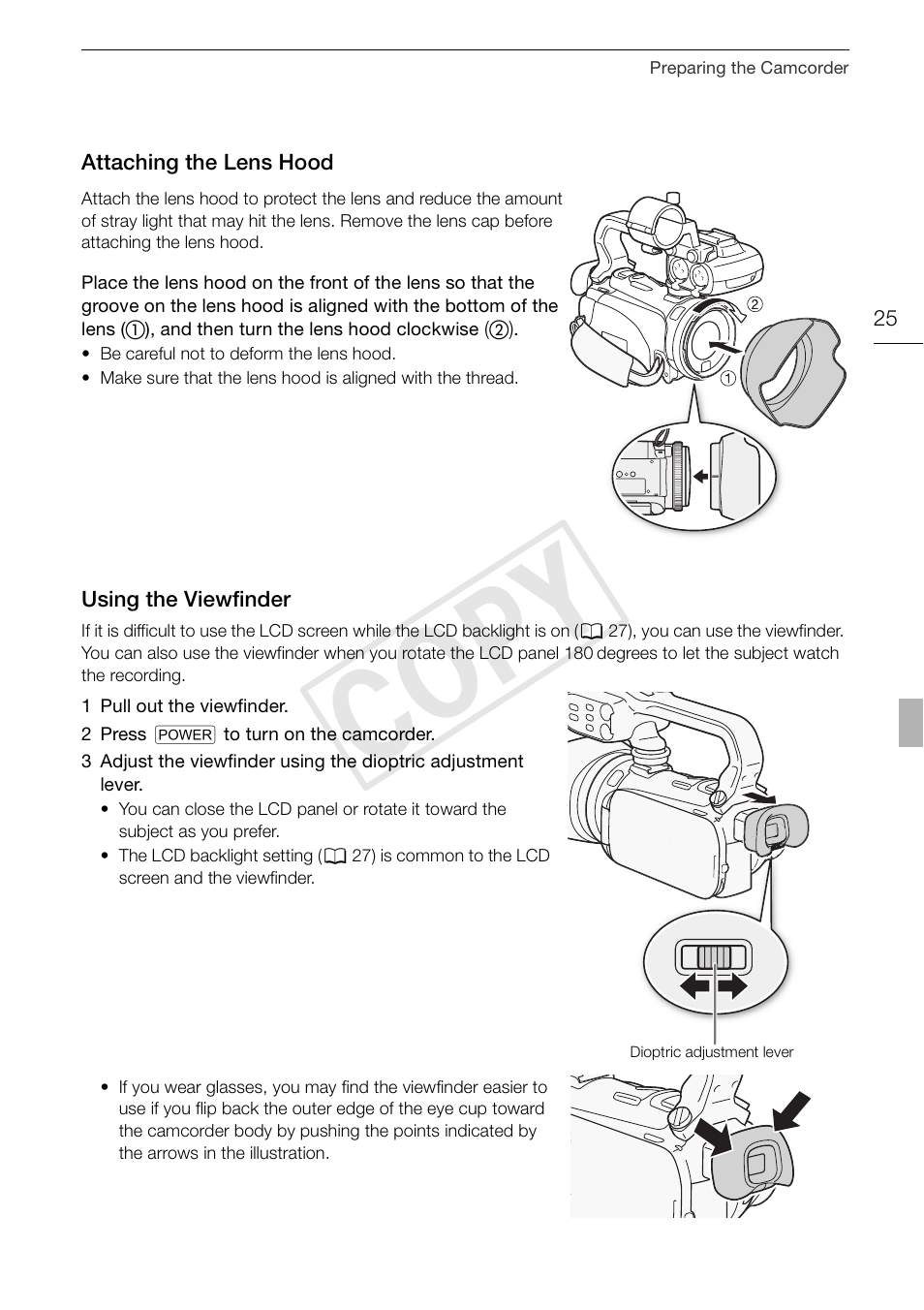 Attaching the lens hood 25 using the viewfinder 25, Cop y | Canon XA10 User Manual | Page 25 / 191