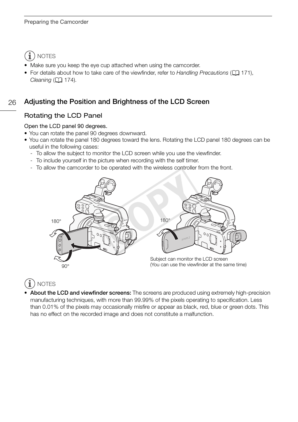 Adjusting the position and brightness of, The lcd screen 26, Cop y | Canon XA10 User Manual | Page 26 / 191