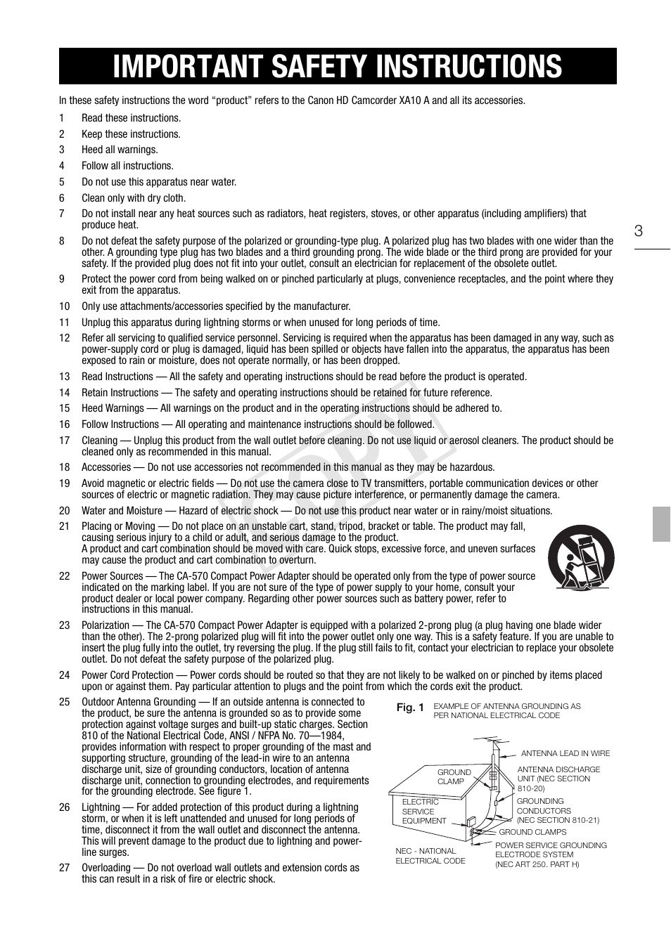 Cop y, Important safety instructions | Canon XA10 User Manual | Page 3 / 191