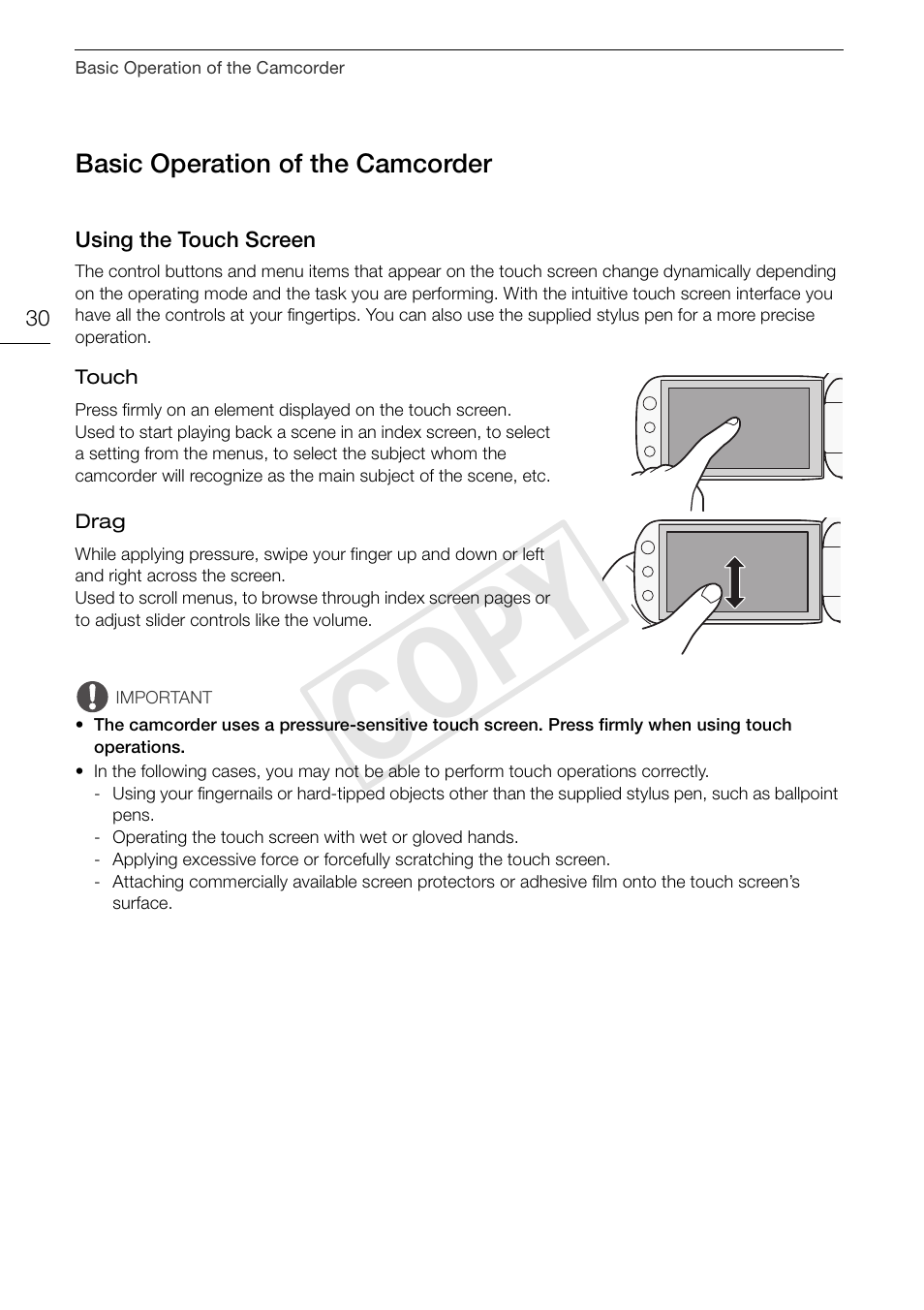 Basic operation of the camcorder 30, Using the touch screen 30, Cop y | Canon XA10 User Manual | Page 30 / 191