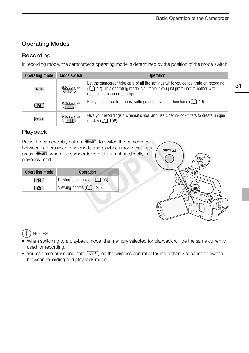 Operating modes 31, Cop y | Canon XA10 User Manual | Page 31 / 191