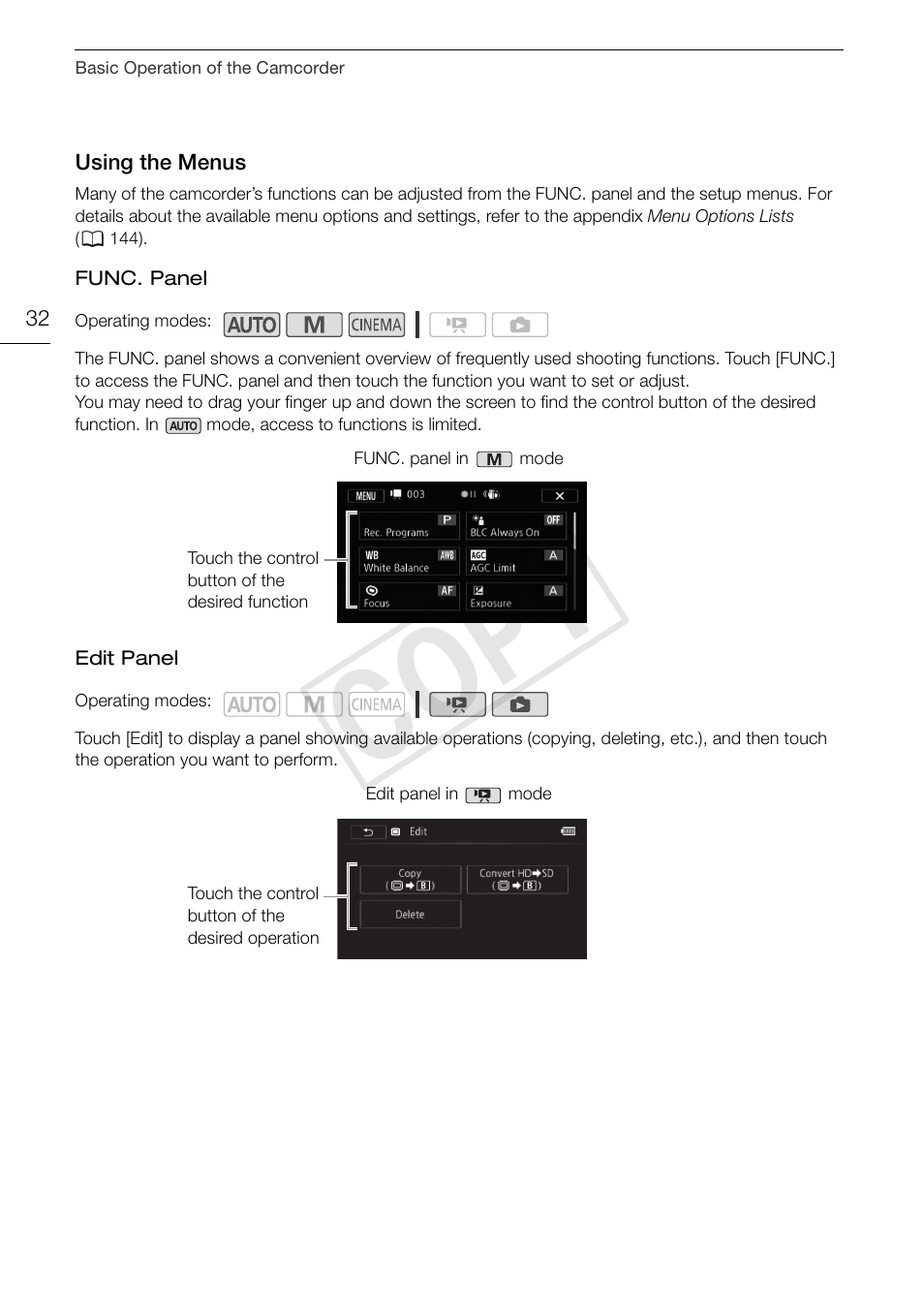 Using the menus 32, Cop y | Canon XA10 User Manual | Page 32 / 191