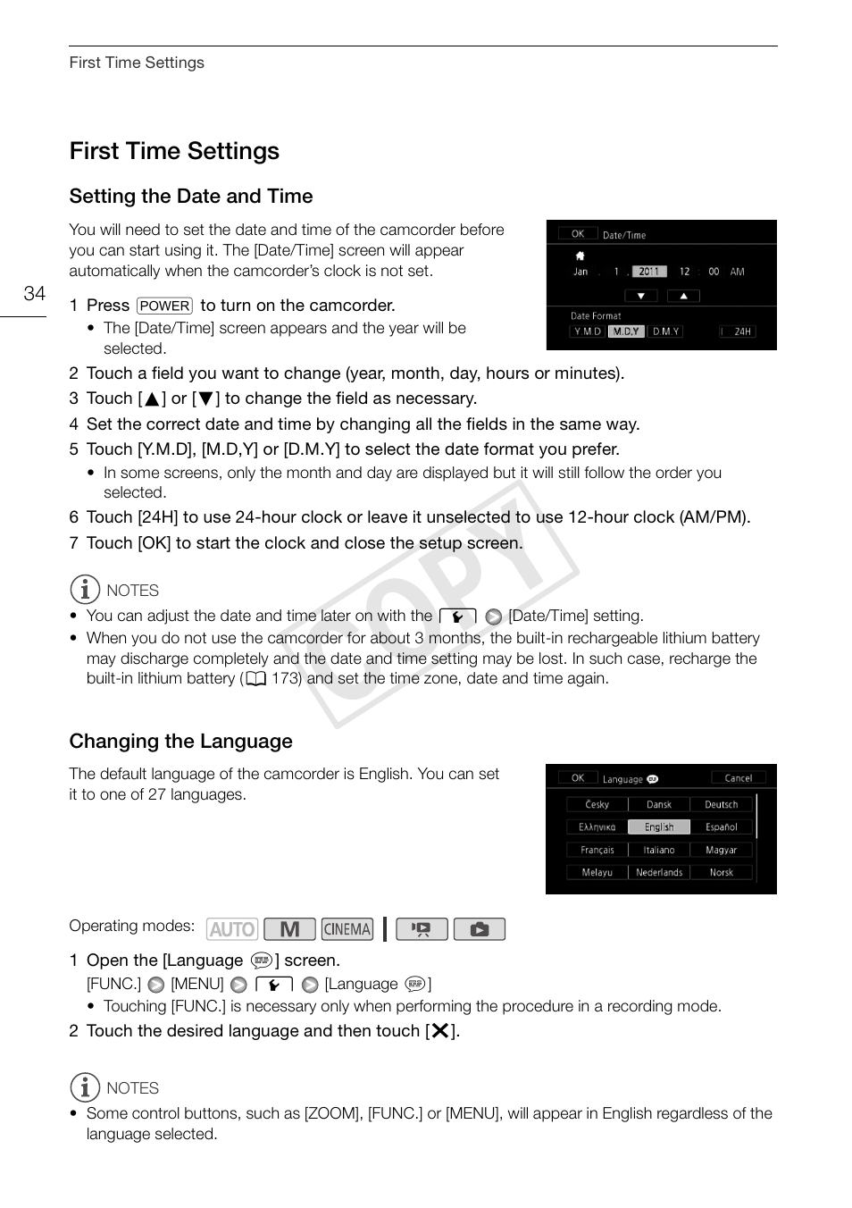 First time settings 34, Cop y, First time settings | Canon XA10 User Manual | Page 34 / 191