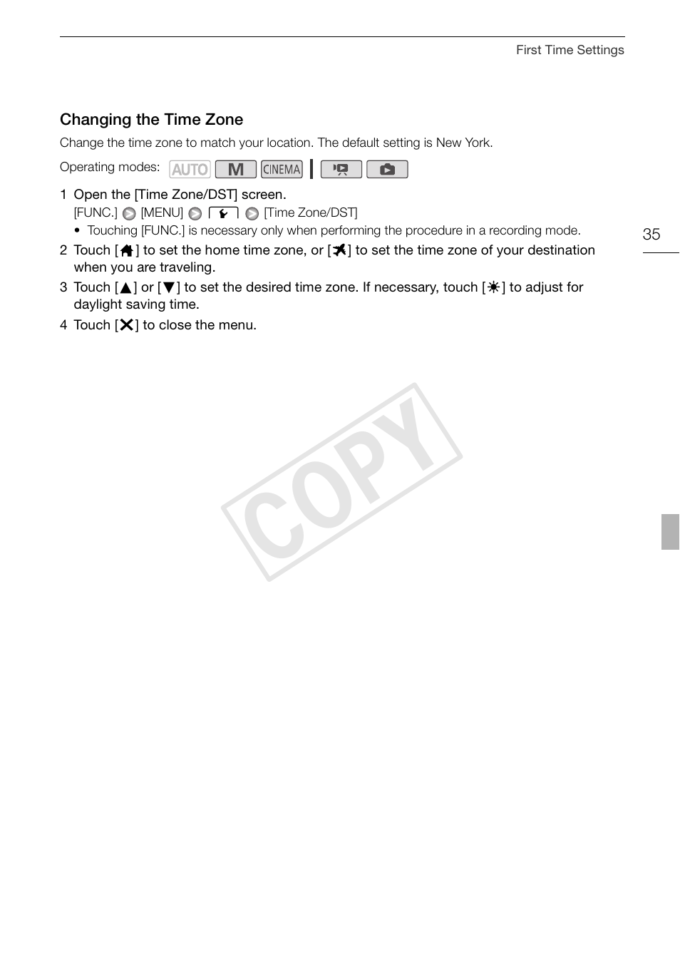 Changing the time zone 35, Cop y | Canon XA10 User Manual | Page 35 / 191