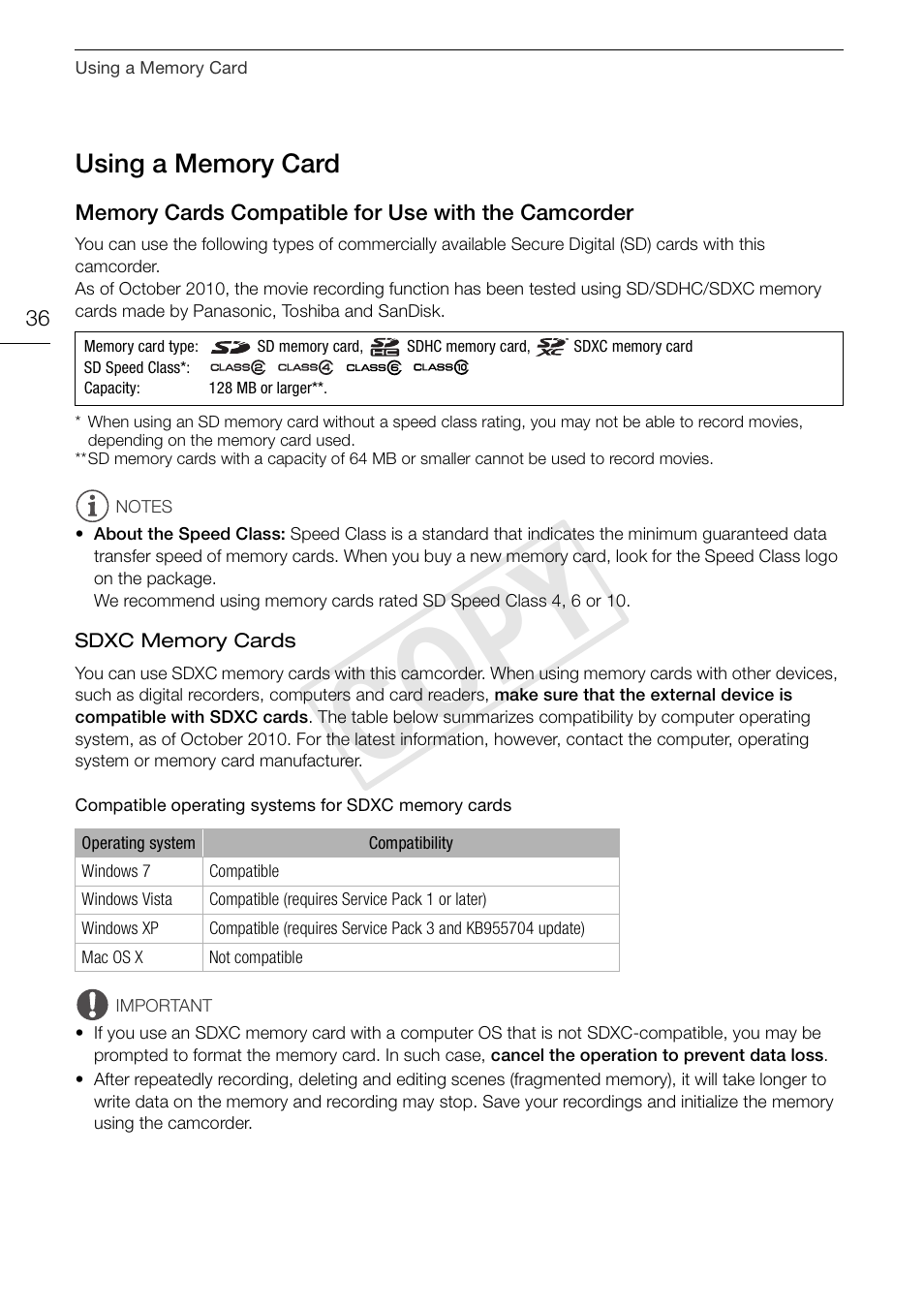 Using a memory card 36, Memory cards compatible for use with, The camcorder 36 | Cop y | Canon XA10 User Manual | Page 36 / 191