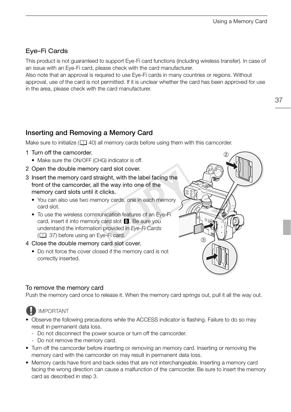 Inserting and removing a memory, Card 37, Cop y | Canon XA10 User Manual | Page 37 / 191