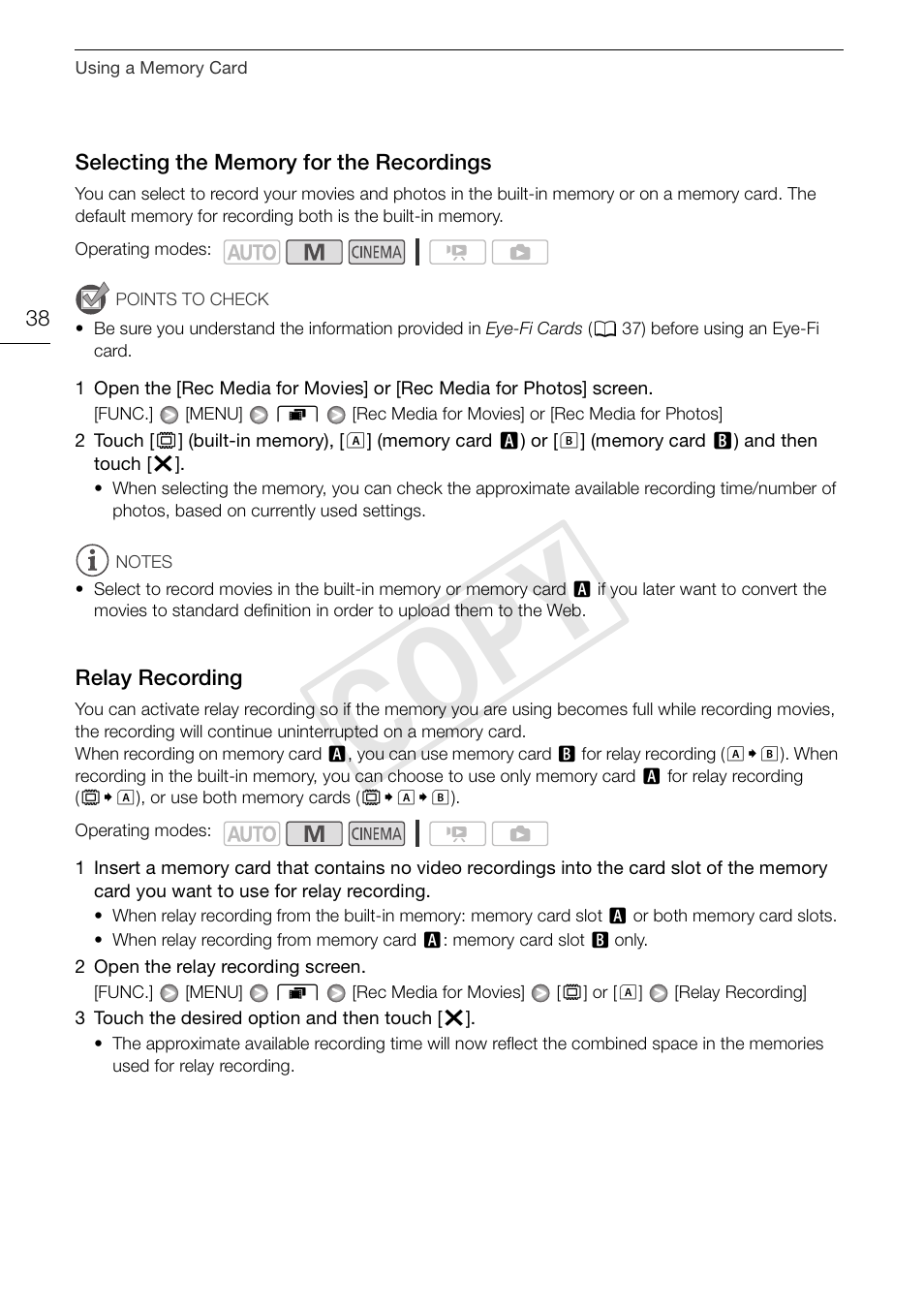 Selecting the memory for the, Recordings 38, Relay recording 38 | Cop y | Canon XA10 User Manual | Page 38 / 191