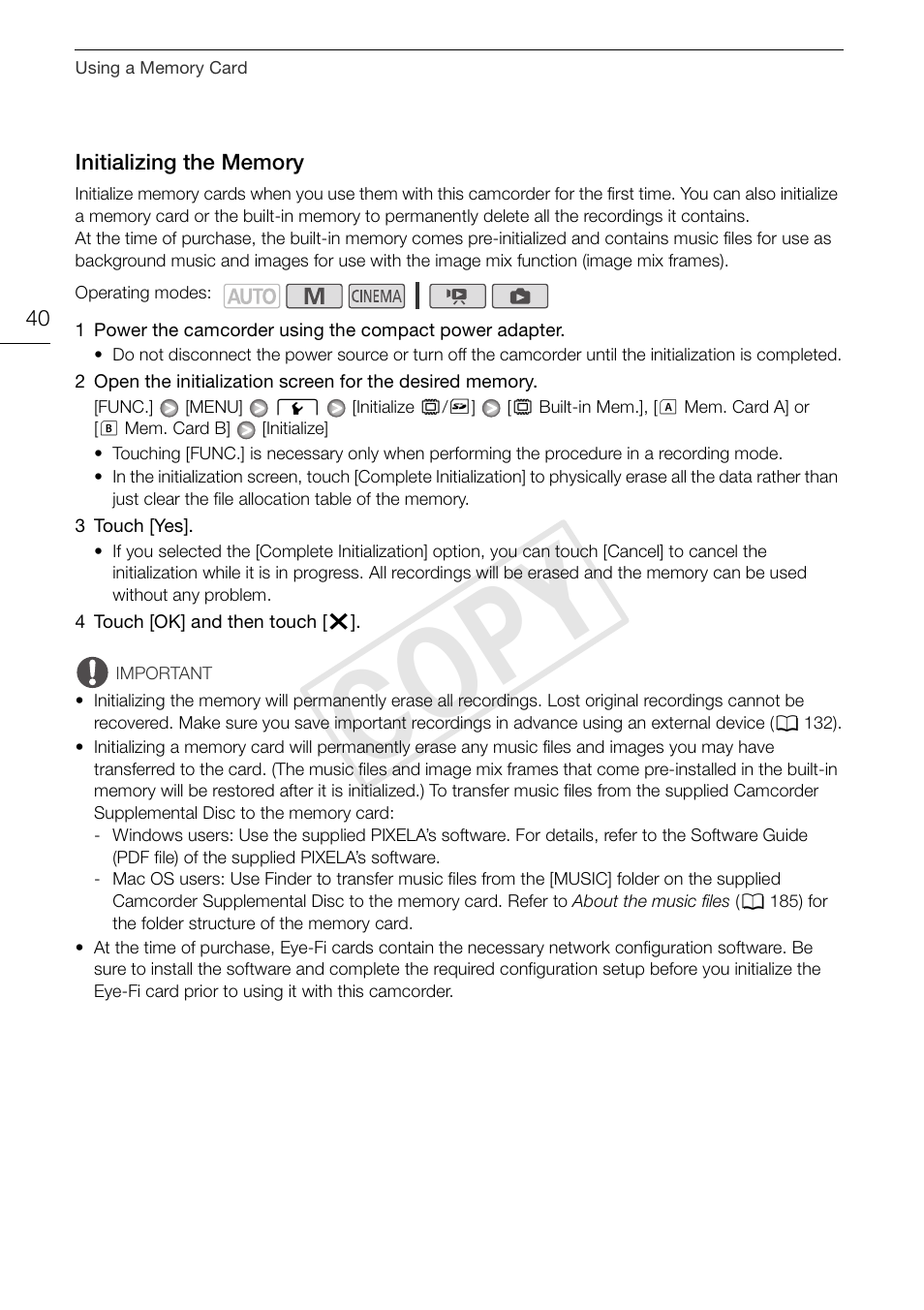 Initializing the memory 40, Cop y | Canon XA10 User Manual | Page 40 / 191