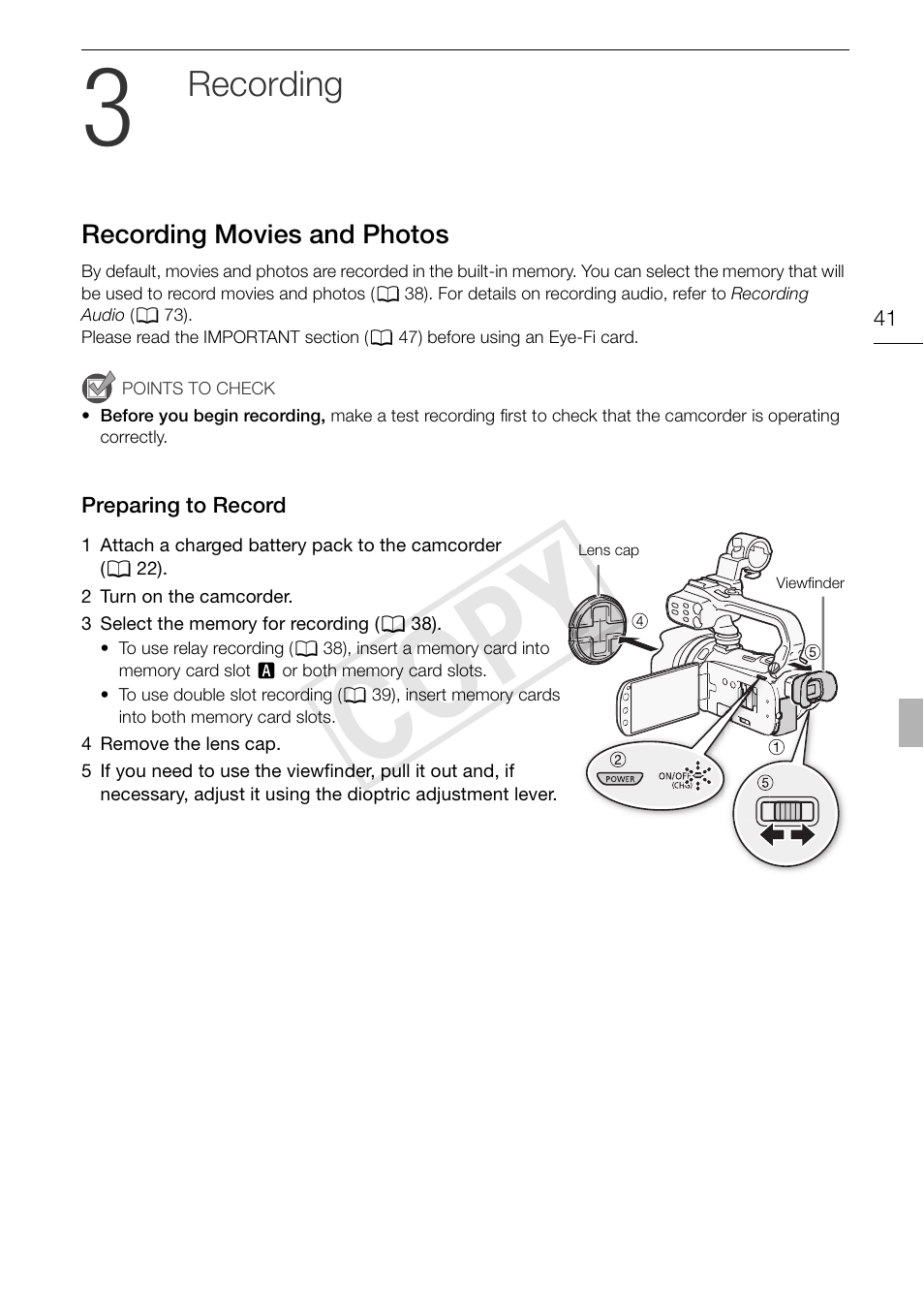 3 recording 41, Recording movies and photos 41, Preparing to record 41 | Cop y, Recording | Canon XA10 User Manual | Page 41 / 191