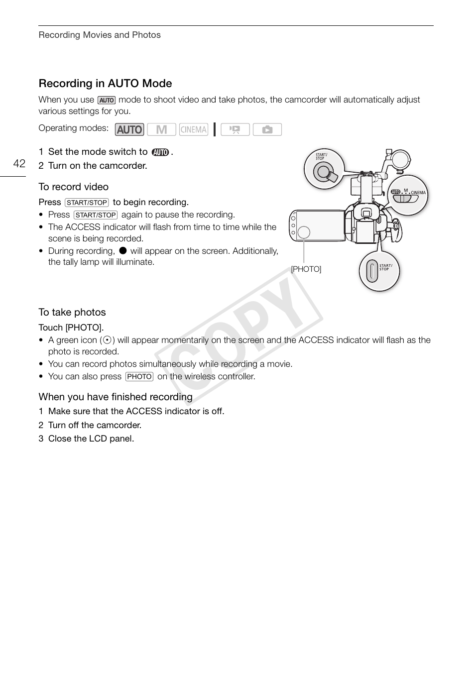 Recording in auto mode 42, Cop y | Canon XA10 User Manual | Page 42 / 191