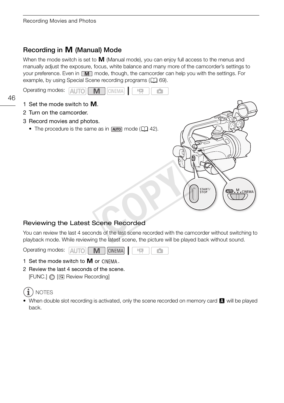 Recording in, Cop y | Canon XA10 User Manual | Page 46 / 191