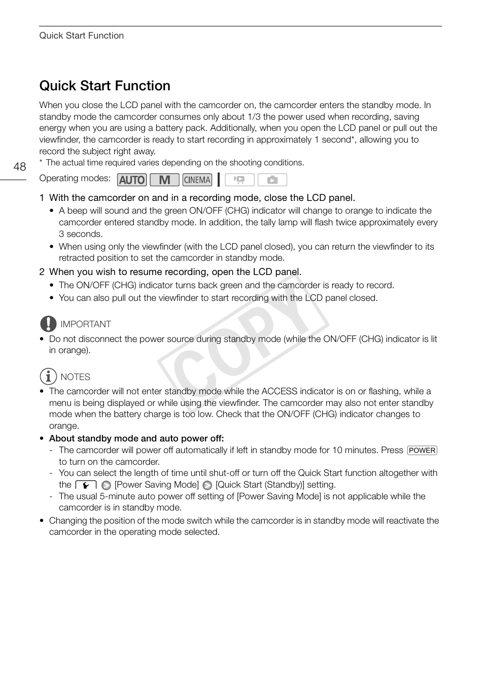 Quick start function 48, Cop y | Canon XA10 User Manual | Page 48 / 191