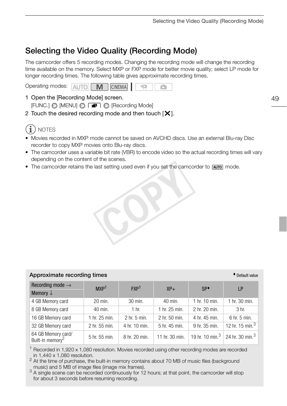 Selecting the video quality (recording, Mode) 49, Cop y | Selecting the video quality (recording mode) | Canon XA10 User Manual | Page 49 / 191