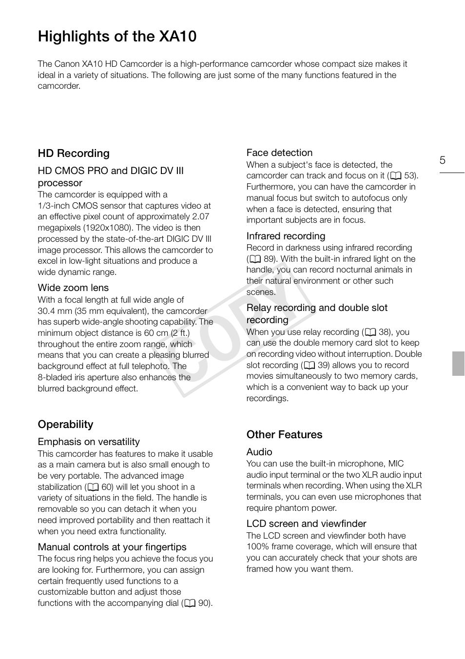 Cop y, Highlights of the xa10 | Canon XA10 User Manual | Page 5 / 191