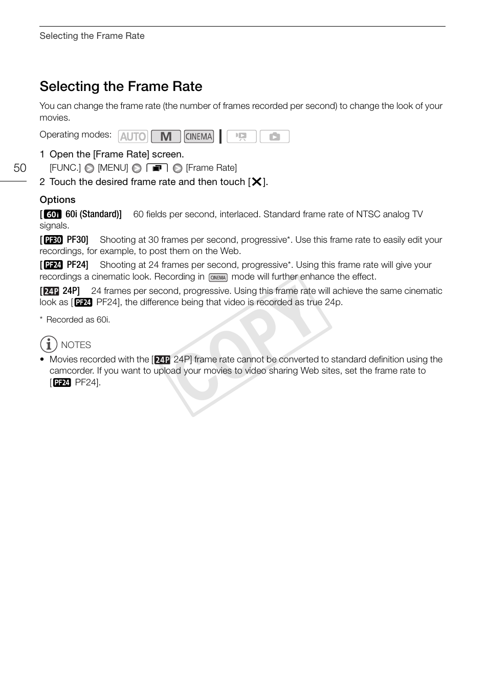 Selecting the frame rate 50, Cop y, Selecting the frame rate | Canon XA10 User Manual | Page 50 / 191