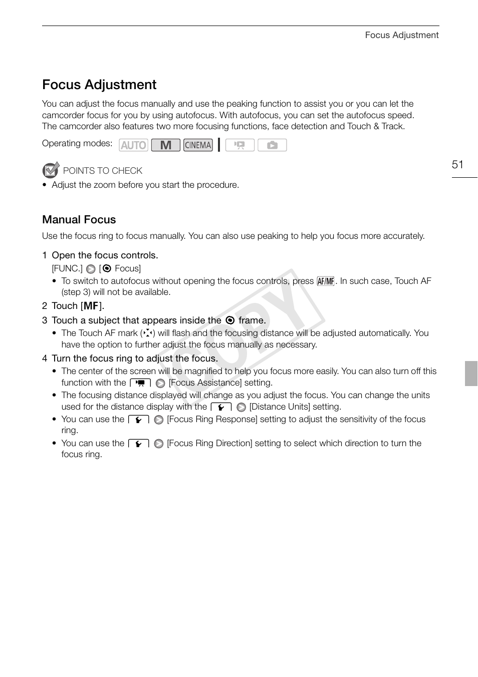 Focus adjustment 51, Manual focus 51, Cop y | Canon XA10 User Manual | Page 51 / 191