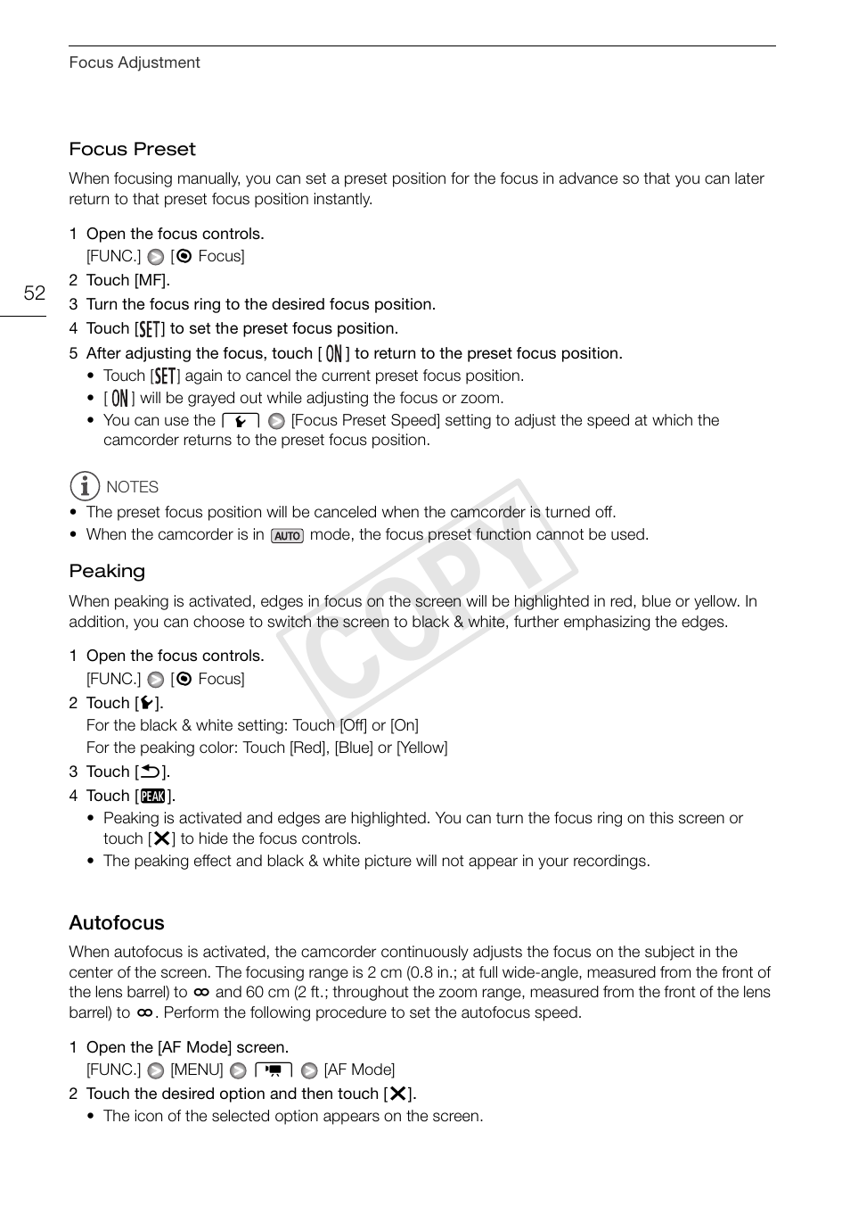 Autofocus 52, Cop y | Canon XA10 User Manual | Page 52 / 191