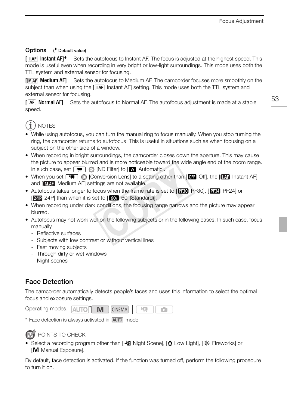 Face detection 53, Cop y | Canon XA10 User Manual | Page 53 / 191