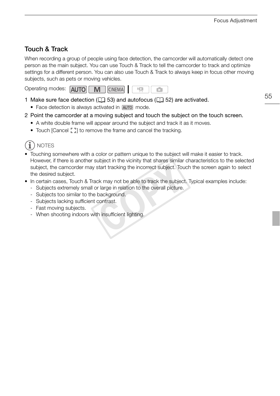 Touch & track 55, Cop y | Canon XA10 User Manual | Page 55 / 191