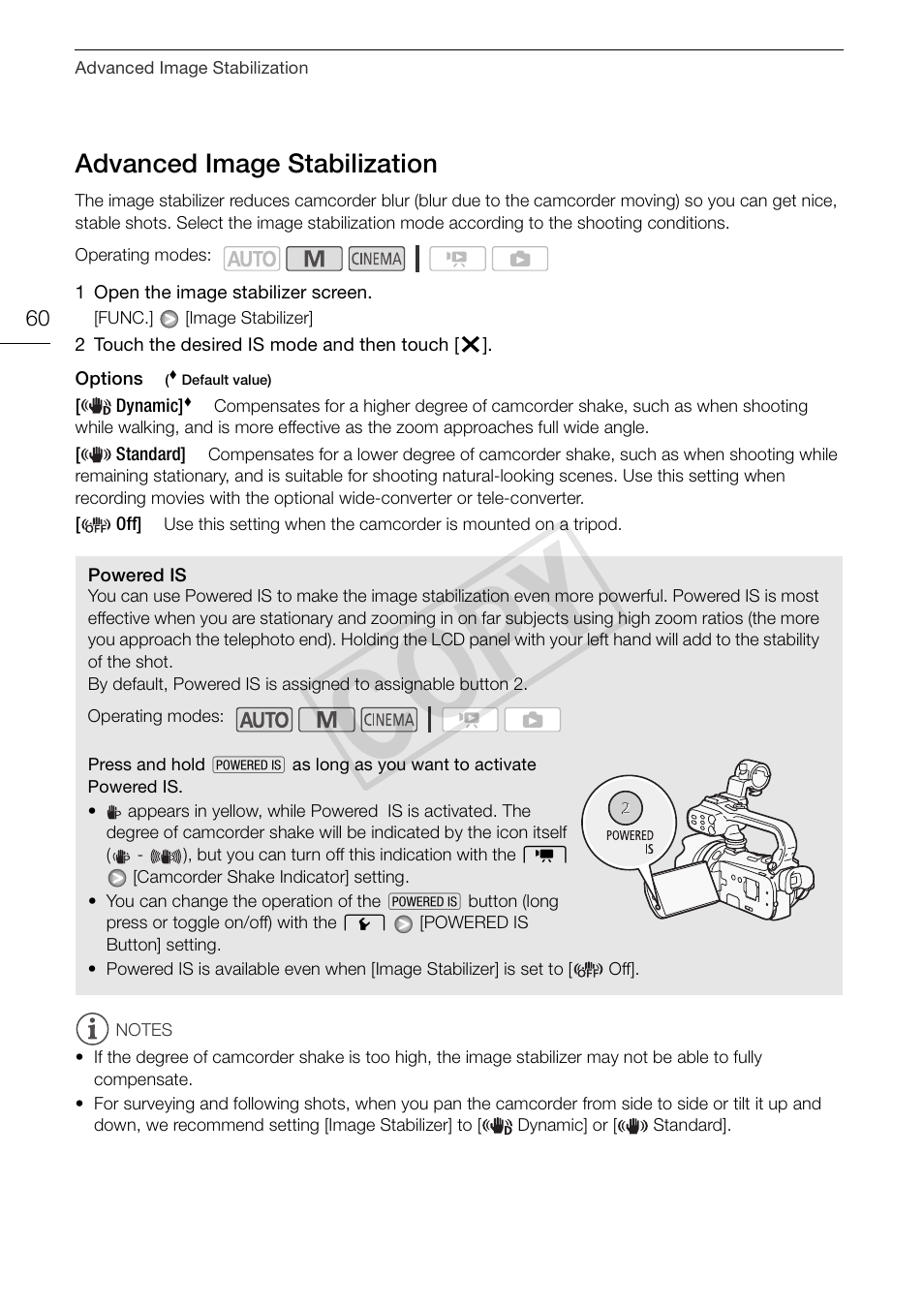 60) wi, Advanced image stabilization 60, Cop y | Advanced image stabilization | Canon XA10 User Manual | Page 60 / 191