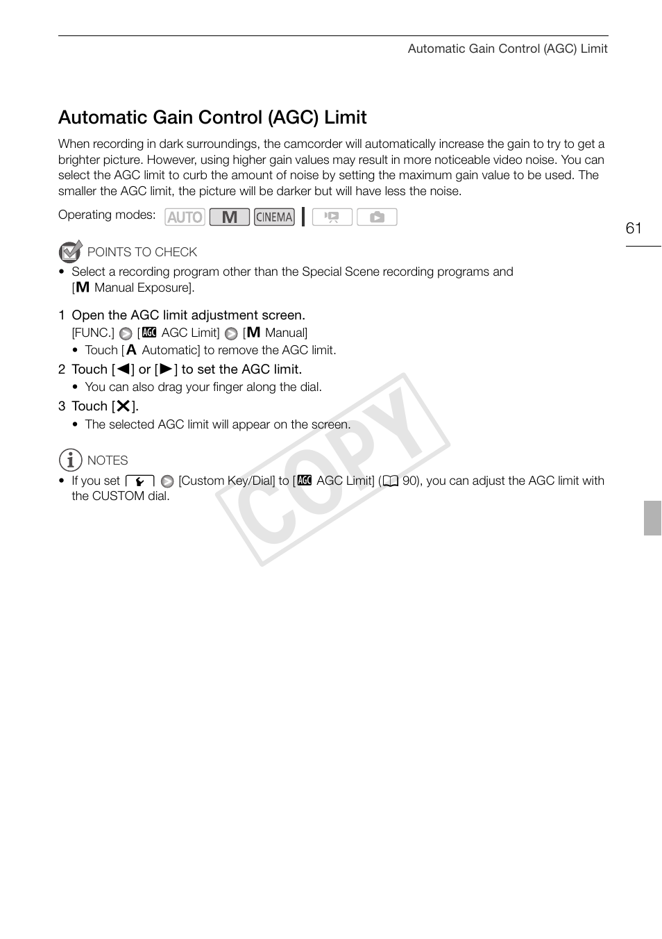 Automatic gain control (agc) limit 61, Cop y | Canon XA10 User Manual | Page 61 / 191