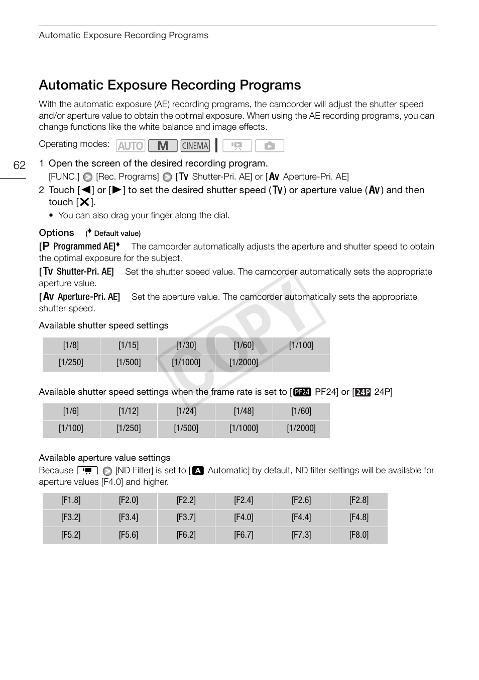 Automatic exposure recording, Programs 62, Cop y | Automatic exposure recording programs | Canon XA10 User Manual | Page 62 / 191